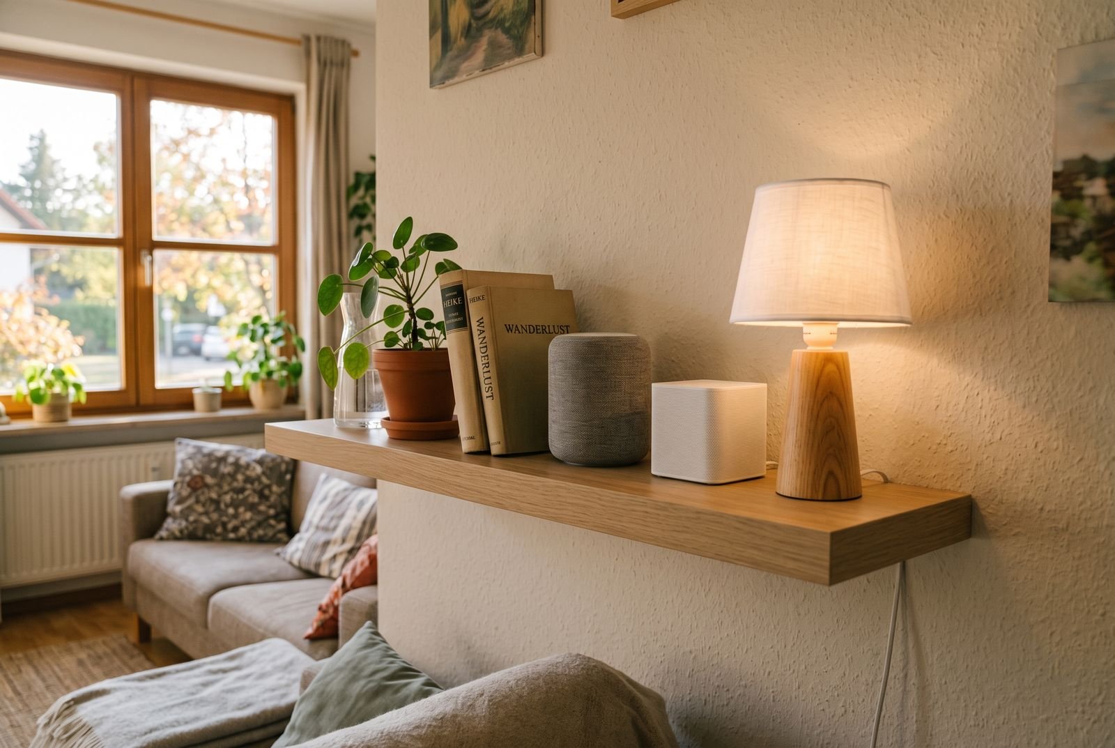 Wohnzimmerregal mit kleinem WLAN-Mesh-Router, smartem Lautsprecher und einer smarten Lampe in warmem Abendlicht